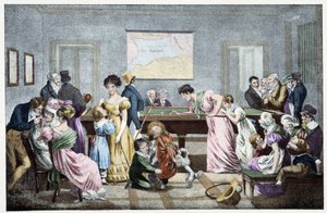 Een biljartkamer in de 19e eeuw: gebaseerd op een lithografie door Marlet. door Jean Henri (after) Marlet