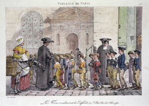 Oude straatberoep in Parijs: de broers die de kinderen naar Saint Nicolas des Champs brengen, Katholieke school - Gravure door Jean Henry Marlet in 