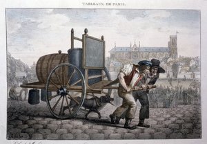 Oude straatberoep in Parijs: bad thuis (twee mannen trekken een kar met een vat gevuld met water). Gravure door Jean Henry Marlet (1771-1847) in 