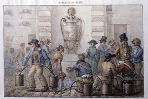 Oude straatberoep in Parijs: waterdrager voor een fontein. Gravure door Jean Henry Marlet (1771-1847) in Les Tableaux de Paris, serie van 72 prenten, eind 19e eeuw