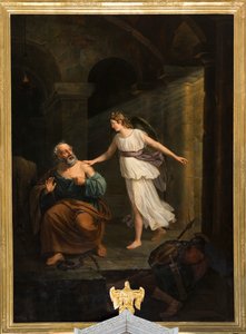 Parochiekerk (Nederbrakel, Sint-Pieter-in-de-Bandenkerk). Interieur. Schilderij. "Sint-Pieter bevrijd door de engel en Thomas". Jean-Henri De Coene. Ca 1835. door Jean Henri de Coene