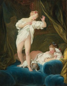 Twee meisjes op een bed spelen met hun honden door Jean Honore Fragonard