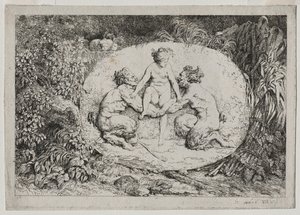 Bacchanalen: Nimf ondersteund door twee saters door Jean Honore Fragonard