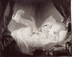 La Gimblette of jong meisje laat haar hond dansen op haar bed door Jean Honore Fragonard