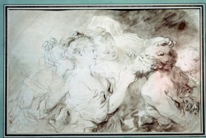 Jonge meisjes worstelen met een sater. Jonge vrouwen die plezier hebben met de baard van een sater. Tekening in de Bistre Wash door Jean Honore Fragonard. 18e eeuw. Privécollectie door Jean Honore Fragonard