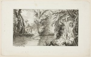 Landschap met een wandelaar en een waterval, plaat 5 uit de tweede suite Livre de paysages (Boek van landschappen) door Jean Hoüel