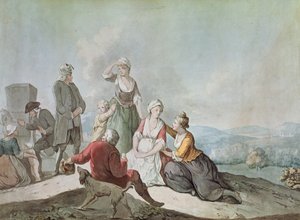 Voltaire in gesprek met de boeren in Ferney door Jean Huber