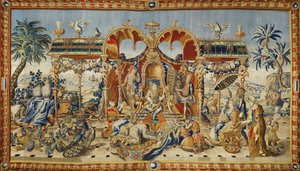 De audiëntie van de Chinese keizer. Wandtapijt van Jean II Barraband (actief in de 18e eeuw), wol, zijde en goud- en zilverdraad, circa 1715. door Jean II Barraband