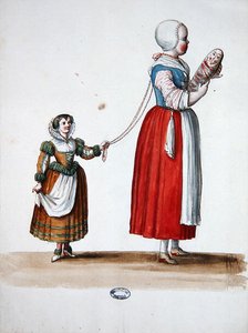 Twee jonge meisjes, theatraal kostuumontwerp voor de vieringen en feesten van Lodewijk XIV door Jean I  Berain