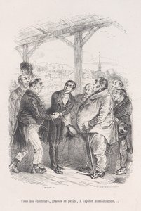 Alle kiezers, groot en klein, verzamelen zich om elkaar nederig te overtuigen... uit de Kleine Ellende van..., 1843 door Jean Ignace Isidore Gérard