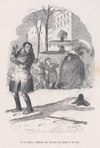 Hij staat op, bedekt van top tot teen met sneeuw. uit de Kleine Ellende van het Menselijk Leven, 1843 door Jean Ignace Isidore Gérard