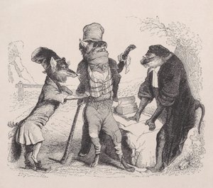 De wolf pleit tegen de vos, voor de aap door Jean Ignace Isidore Gérard