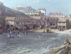 Het begin van het zeezwemmen in de oude haven van Biarritz, detail door Jean Jacques Alban de Lesgallery