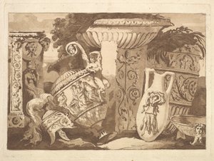 Compositie met antieke fragmenten en een leunende vaas, uit Recueil de Compositions..., 1782-84 door Jean Jacques Lagrenee