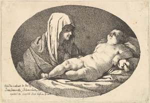 De Maagd links kijkt naar het slapende kind Jezus, een ovale compositie door Jean Jacques Lagrenee
