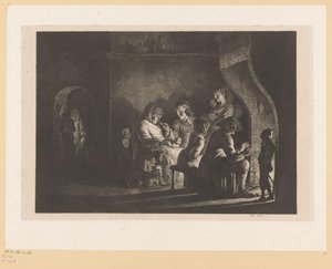 Boerenfamilie rond een haardvuur