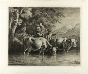 Vee en boeren langs een beekje door Jean Jacques de Boissieu