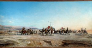 Op zoek naar een kamp, nomadische karavanen en kamelen in de woestijn door Jean Joseph Bellel