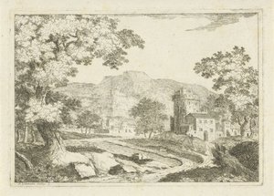 Rivierlandschap met huizen en torens