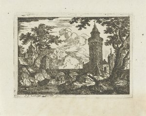 Toren en stenen brug in een berglandschap