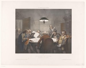 Leeskabinet met lezende mannen aan een ronde tafel