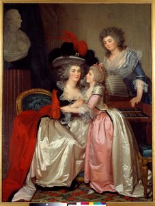 Familieportret van een adellijke familie, een moeder, dochter en volgende