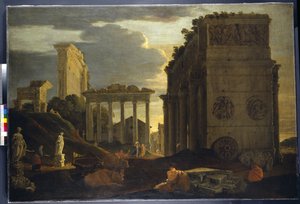 Capriccio uitzicht met figuren bij een triomfboog en de Tempels van Saturnus en Jupiter Tonans