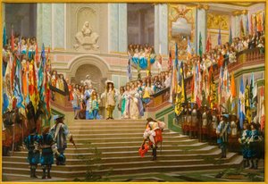 Ontvangst van Louis 2 de Bourbon Conde, de Grote Conde, door Koning Lodewijk 14 in Versailles in 1674