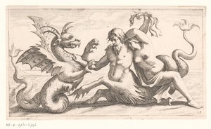 Triton met vrouw in gevecht met een zeemonster