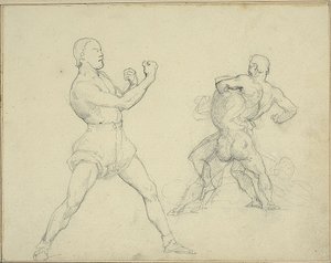 Bokser met gezicht naar rechts en twee worstelende mannen door Jean Louis André Théodore Géricault