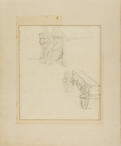 Hond in hondenhok en studie van een munitiekar