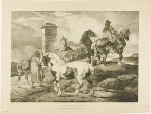 Paarden op weg naar een kermis, plaat 3 van Diverse onderwerpen Getekend uit het leven op steen door Jean Louis André Théodore Géricault