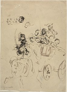 Napoleontische legerkoets met schetsen van hoofden door Jean Louis André Théodore Géricault