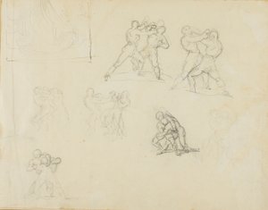 Zeven schetsen van paren boksers of worstelaars