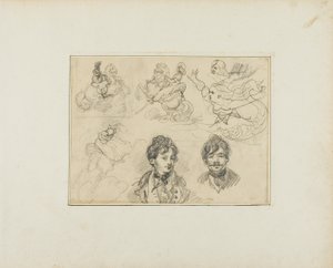 Blad met schetsen: Ruiters, zeemeerminnen en twee portretten van jonge mannen door Jean Louis André Théodore Géricault