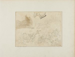 Schetsen voor een cavalerieslag; de achterpoten van een hond door Jean Louis André Théodore Géricault