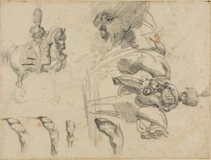 Schetsen van paarden, soldaten en hoeven