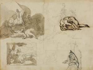 Schetsen van een cavalerieslag, een landschap met koeien en andere composities