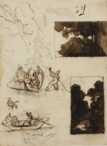Schetsen van een bospad en een muzikaal bootfeest door Jean Louis André Théodore Géricault