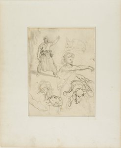 Studies van een smid en een paardenkop met schetsen van andere figuren en een konijn door Jean Louis André Théodore Géricault