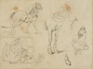 Studies van een trekpaard, een smid en een jonge vrouw door Jean Louis André Théodore Géricault