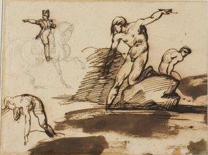 Studie van Napoleon te paard met schetsen van naakten tussen rotsen door Jean Louis André Théodore Géricault