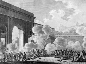 Franse Revolutie: Geval van Nancy op 31 augustus 1790 (muiterij van het garnizoen van de stad Nancy). Gravure door Berthaut naar Prior. Parijs, Bibliotheek van het Instituut voor Geschiedenis van de Revolutie