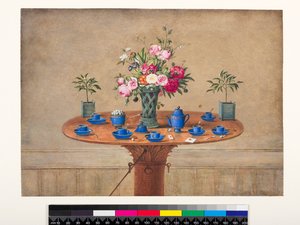 Stilleven met een vaas bloemen en een theeservies, 1810