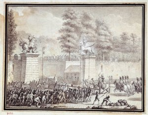Franse Revolutie: Monsieur de Lambesc betreedt de Tuilerieën met een detachement van het Koninklijk Duitse Regiment op 12 juli 1789