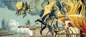 Vliegende brandweerman. Uit de serie Visioenen van het jaar 2000, 1899 door Jean Marc Côté