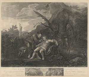 De barmhartige Samaritaan door Jean Marie Delatre and Simon Francois Ravenet I after William Hogarth