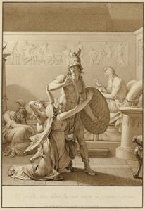 Creusa smeekt Aeneas als hij naar de oorlog vertrekt door Jean Michel Moreau