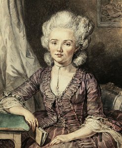 Een jonge dame zittend aan een tafel met een boek door Jean Michel the Younger Moreau