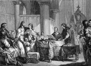 Abdicatie van Carloman (ca. 715-754), burgemeester van het paleis van Austrasië, ten gunste van zijn broer, Pepijn III genaamd Pepijn de Korte (714-768), 747. Gravure door Jean Michel Moreau, genaamd Moreau le Jeune (1741-1814)